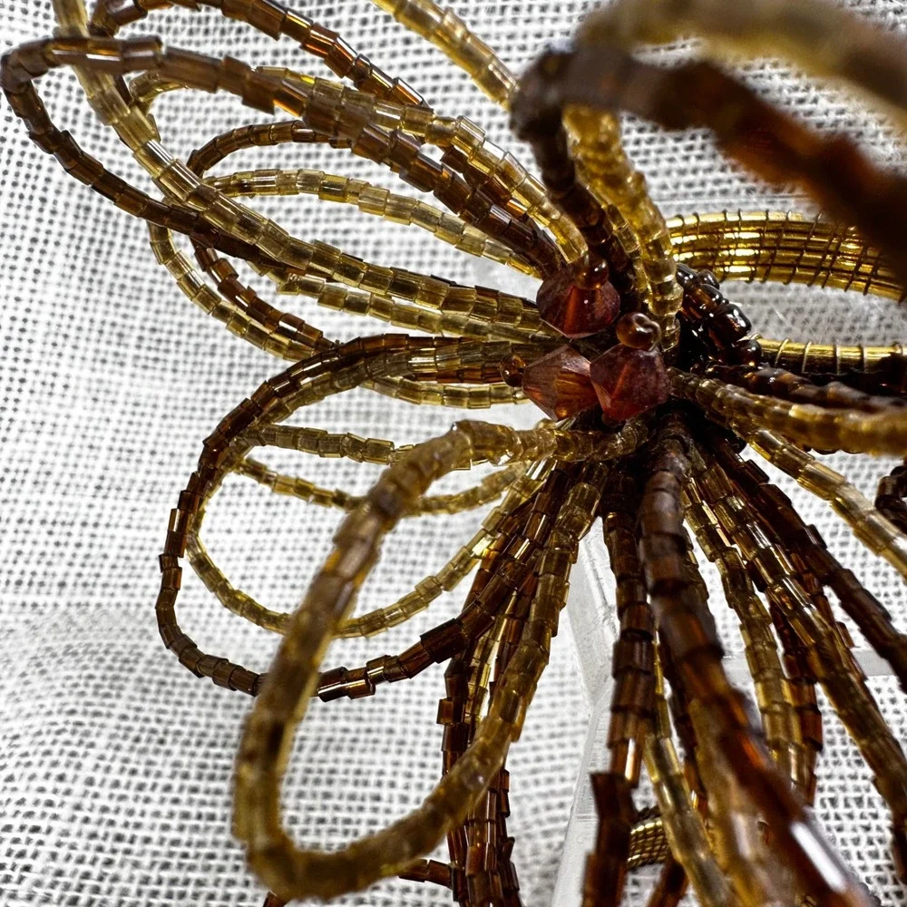 Set of 6 Beaded Napkin Rings Amber‎ Bronze Brown Floral Glass Bead Table Decor